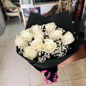 White Rose and Baby Breath Bouquet with black wrap