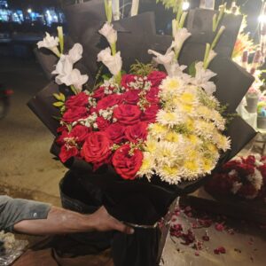 Red Rose and White Chrysanthemum Bouquet with Gladiolus