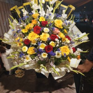 Mixed Rose, Chrysanthemum, and Gladiolus Bouquet with Blue Accents