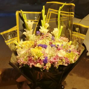 Mixed Flower Bouquet with Gladiolus and Statice in Black & Gold Wrap