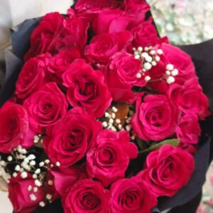 Red Rose Bouquet with White Baby's Breath in Black Wrap