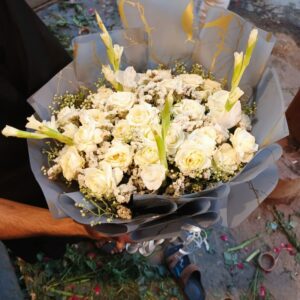 White Rose and Gladiolus Bouquet in Gold-Veined Gray Wrap
