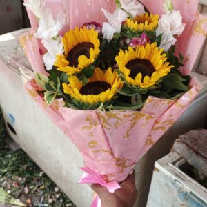 Mixed Rose, Sunflower, and Gladiolus Bouquet in Pink Marble Wrap