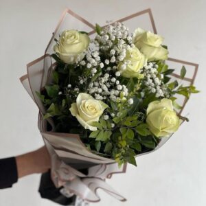 Imported White Rose Bouquet With Baby Breath