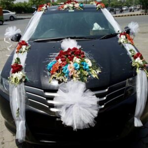 Fresh Red Rose and Mixed Floral Centerpiece with White Tulle Car Decor