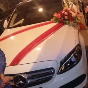 Fresh Red and Peach Rose Bouquet with Dual Crimson Silk Draping