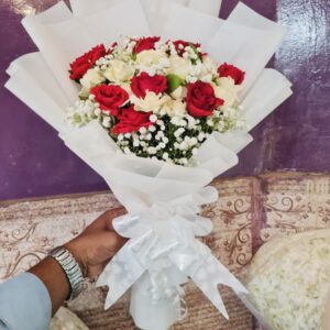 Red & White Rose Mini  Bouquet With Baby Breath In White Wrapping Sheet