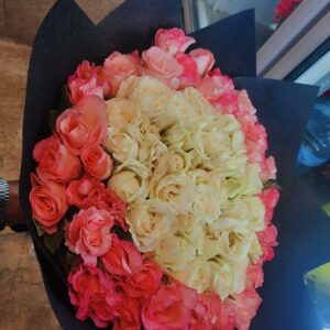Pink & White Roses Bouquet In Black wrap