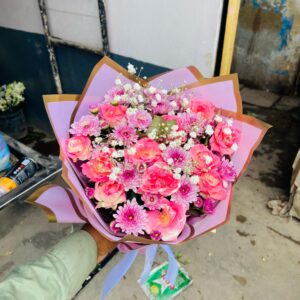 Pink & Light Purple Daizy Bouquet With Baby Breath