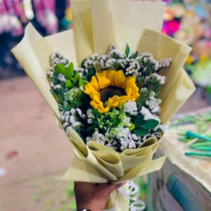 1 sunflower bouquet with imported statice in off white wrapping sheet