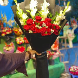 Red & statice with white gladious bouquet